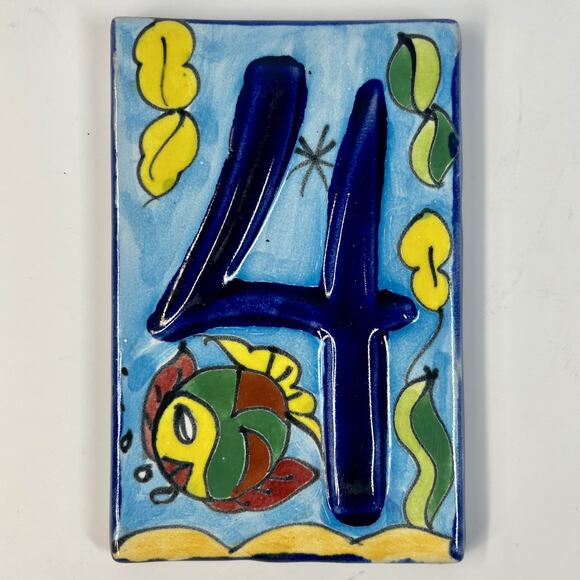 Talavera Mexican Pottery Address Tile Number 4 Hand Painted Fish 3.5x5.5” - Picture 1 of 4